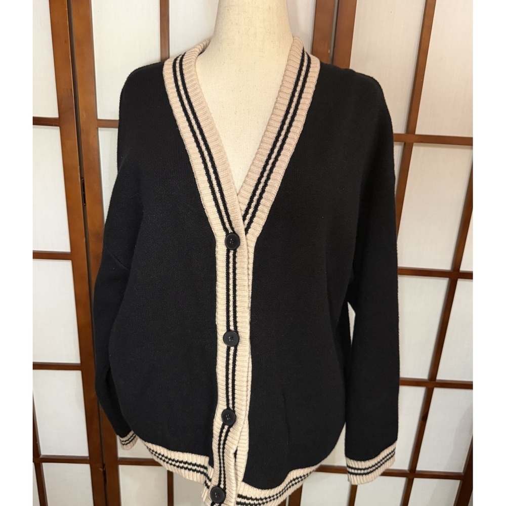 Oak + Fort Cardigan Black/Tan Oversized Boxy Varsity Neutral Medium Stripe Visco